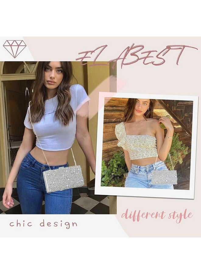 ELABEST حقيبة كلاتش مسائية لامعة مزينة بالأحجار الكريمة حقيبة يد حقيبة كروس بودي لحفلات الزفاف للنساء والفتيات (كريستال فضي مزدوج الجوانب) - Image 4