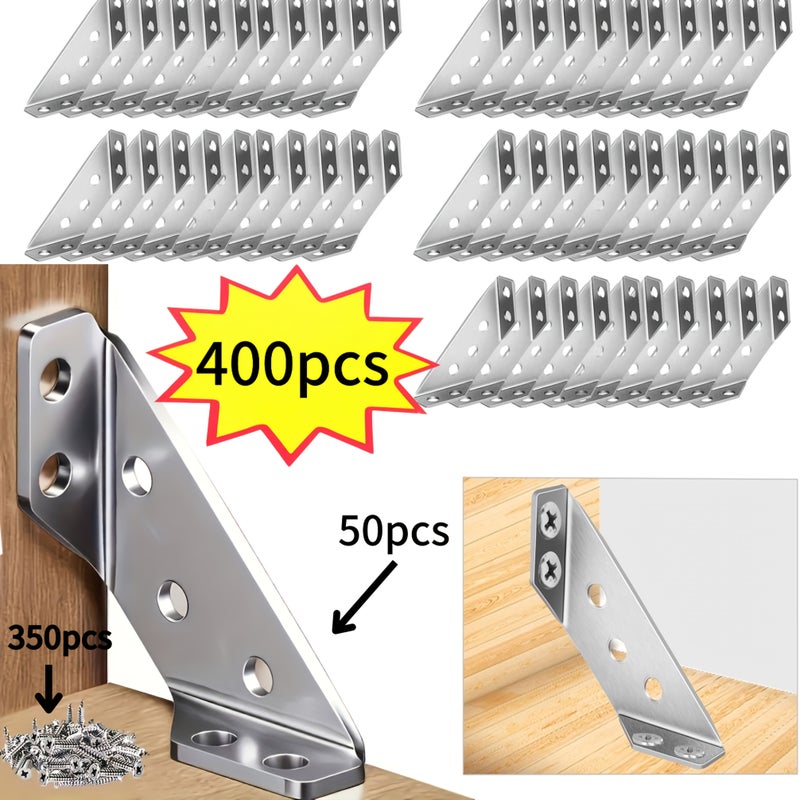 400 Corner Brackets 90 Degree Right Angle Brackets 50 Support Pieces And 350 Screws For Fixing Shelves In Cabinets Beds Chairs Tables Woodworking Hardware Home Furniture Material Thickened Angle Connectors - Image 1