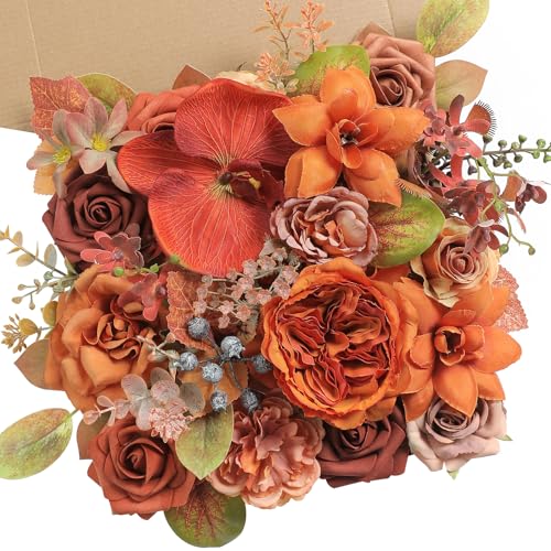 Koroni Flowers Burnt Orange Artificial Flowers Set Fake Roses Peonies Silk Flowers with Stems for DIY Wedding BouquetsFloral ArrangementTable CenterpiecesBaby Shower Home Decor - Image 1