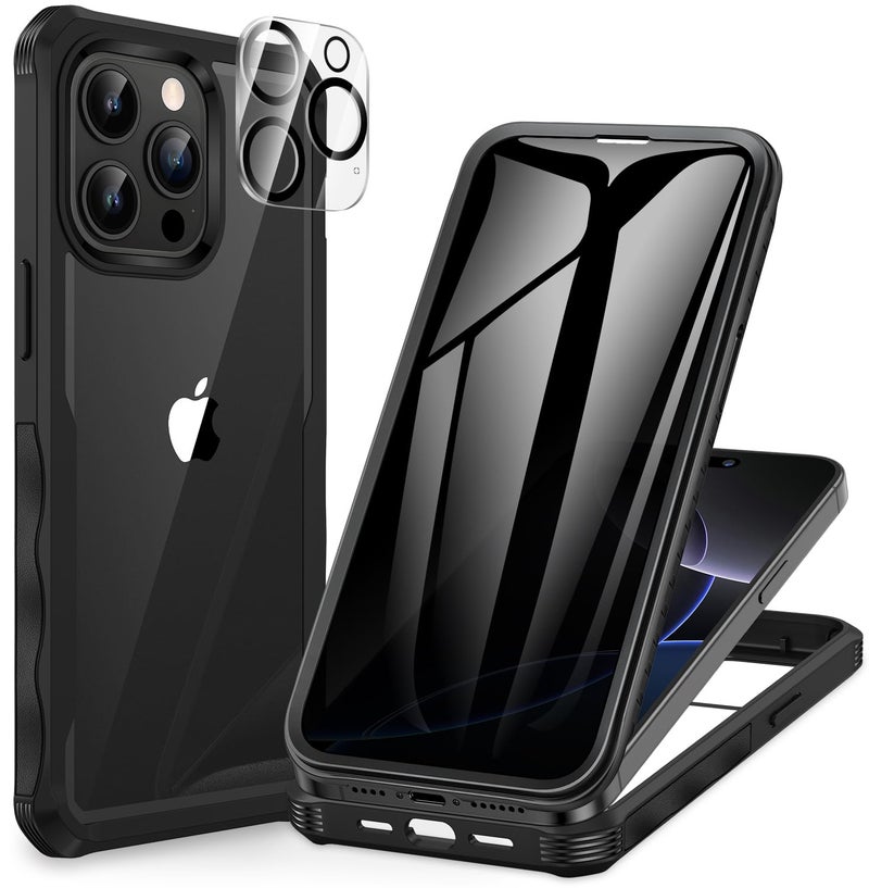 CENHUFO Privacy for iPhone 15 Pro Max Case, Full Body Phone Case with Built-in 9H Tempered Glass Privacy Screen Protector and Camera Lens Protector, Anti Peep Shockproof Bumper Clear Cover - Black - Image 1