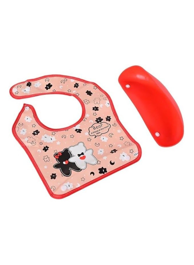 Baby bib with silicone pocket printed with cartoon drawings for boys and girls, red color - Image 1