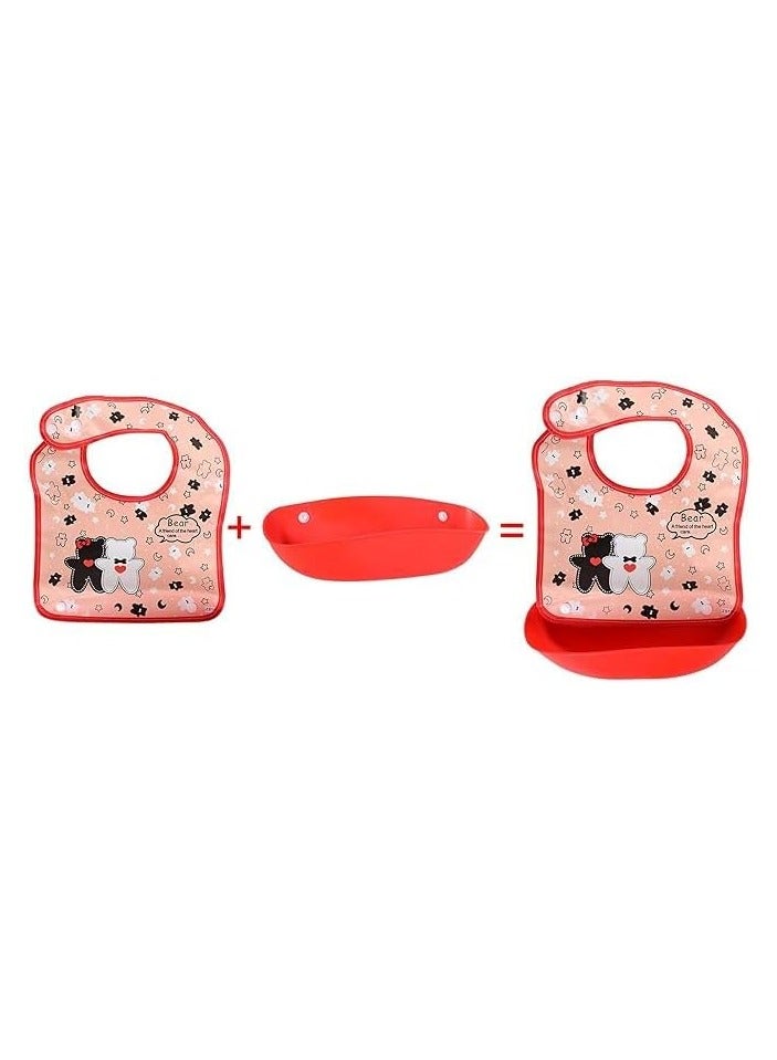Baby bib with silicone pocket printed with cartoon drawings for boys and girls, red color - Image 2