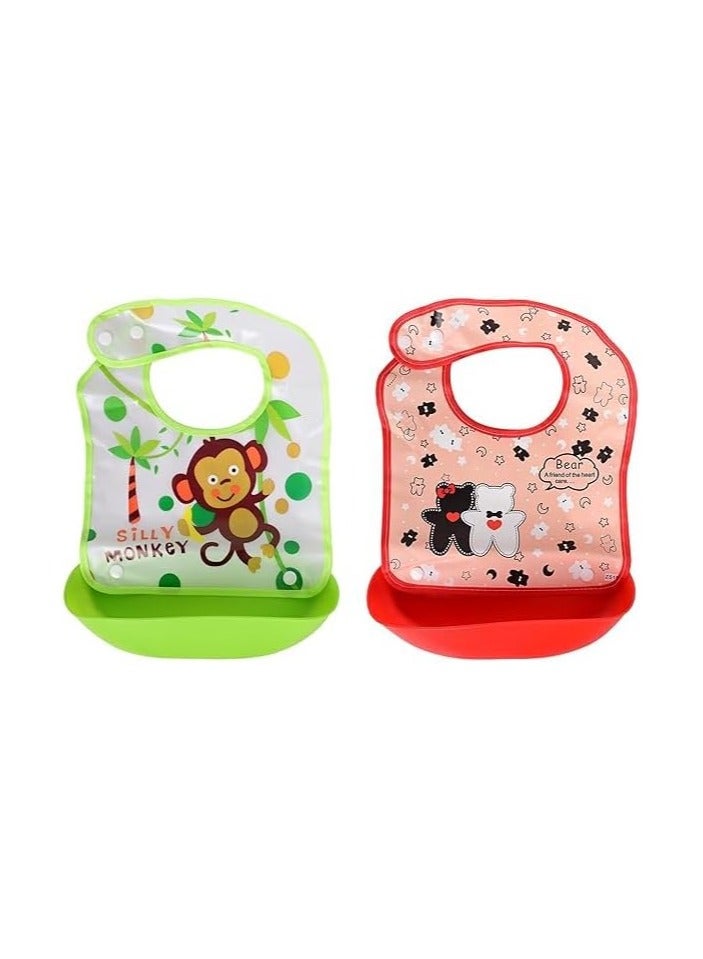 Baby bib with silicone pocket printed with cartoon drawings for boys and girls, red color - Image 3