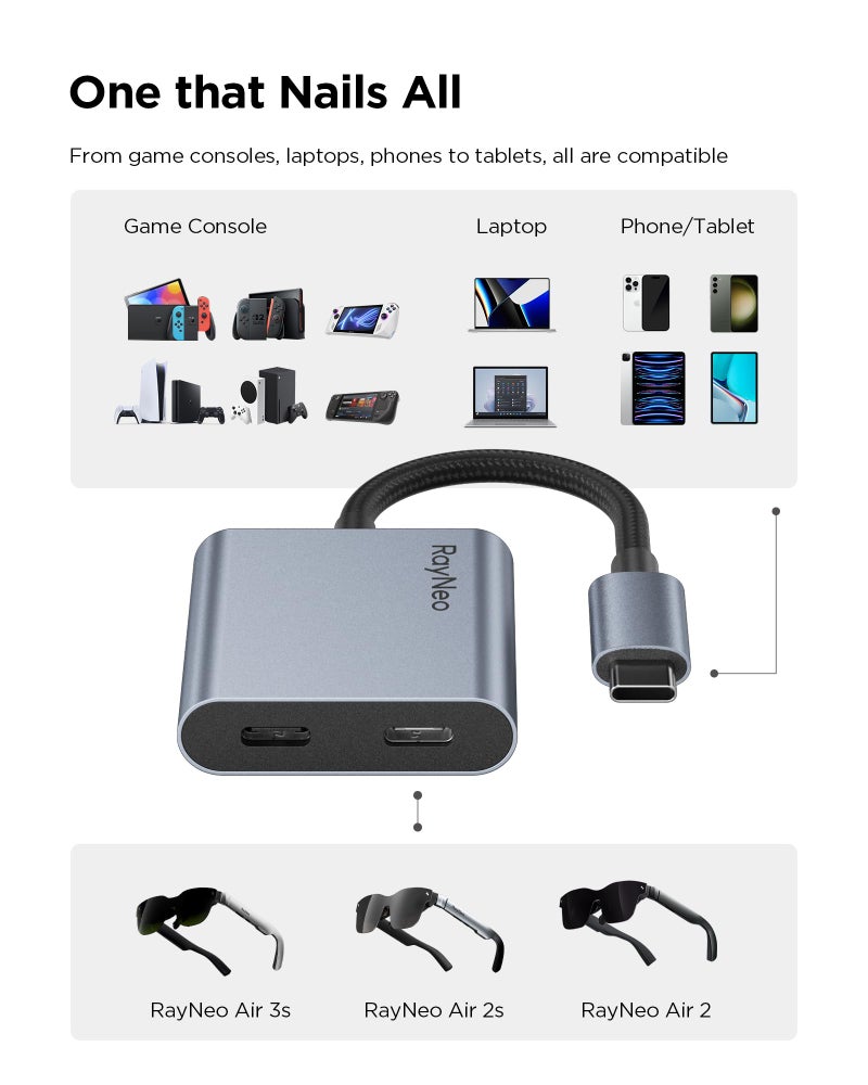 RayNeo USB-C to Glasses Charging Adapter | Charge & Play | Compatible with Switch (Not Switch 2), ROG Ally, PS4/5, Xbox, Mac mini, Laptops & DP Alt Mode Devices | 100W PD Charging | 4K@60Hz Output - Image 2