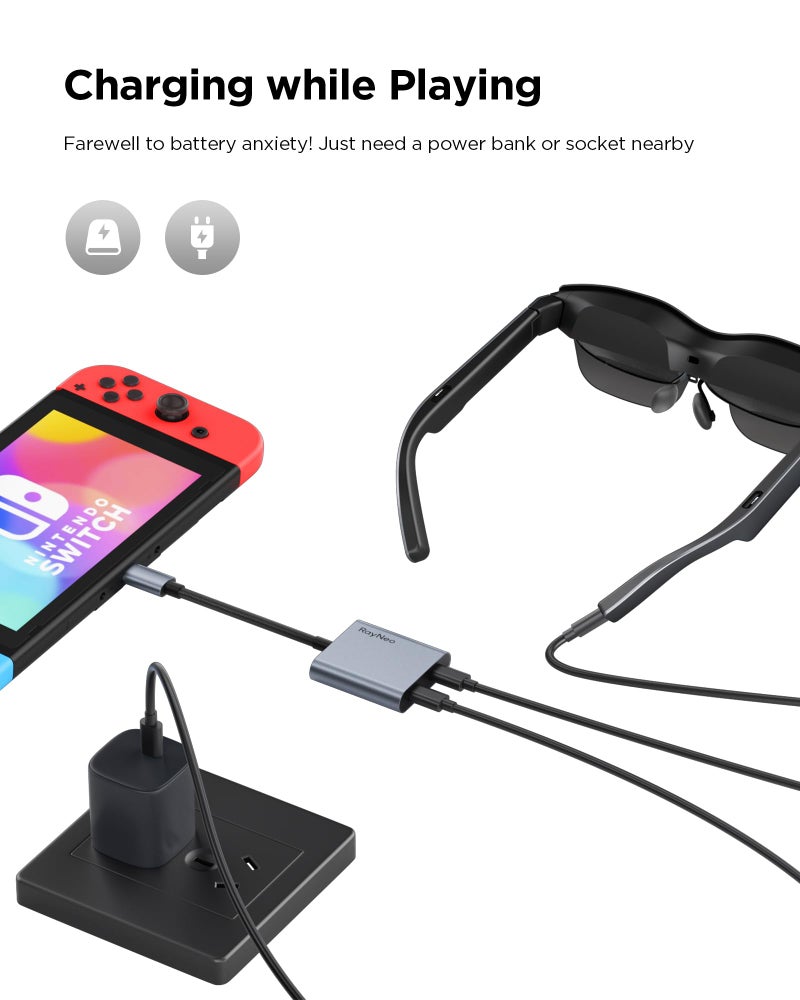 RayNeo USB-C to Glasses Charging Adapter | Charge & Play | Compatible with Switch (Not Switch 2), ROG Ally, PS4/5, Xbox, Mac mini, Laptops & DP Alt Mode Devices | 100W PD Charging | 4K@60Hz Output - Image 3