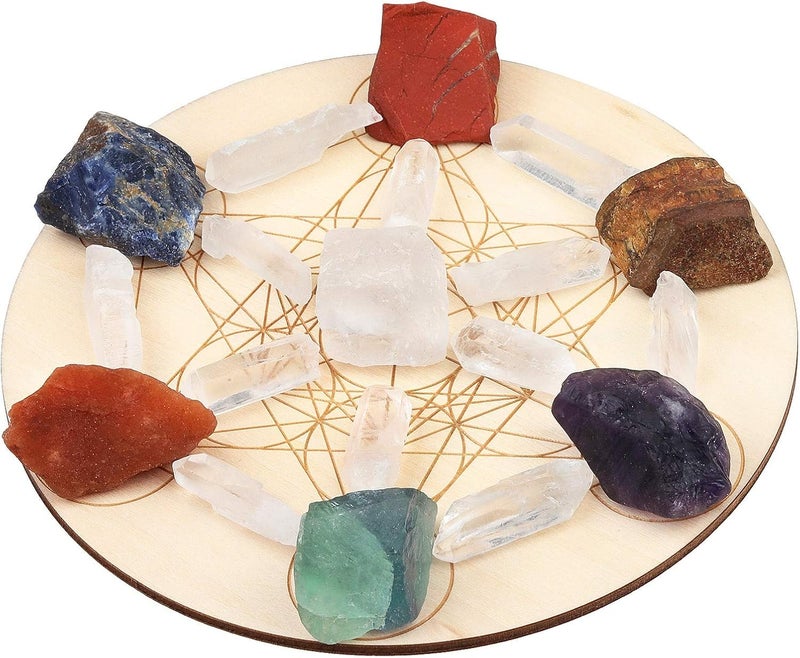 Rockcloud Chakra Therapy Starter Collection 20 Pcs Healing Crystals kit Raw Stones Rock Quartz Points Metatron's Cube Sacred Geometry Energy Crystal Grid, 7 Chakra Stones
