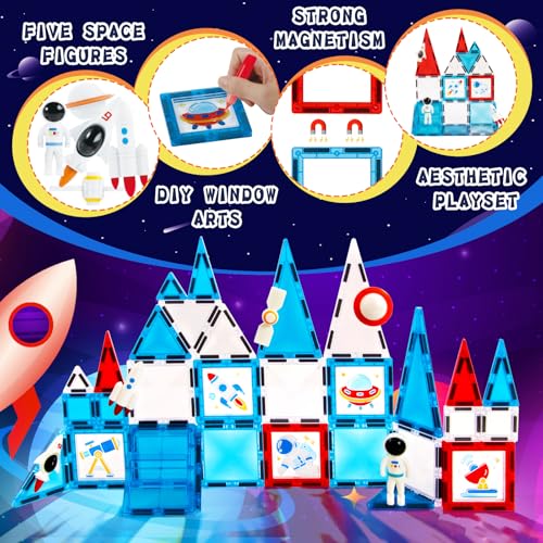 GEKETY ألعاب مغناطيسية 58 قطعة مجموعة كتل بناء مغناطيسية للألعاب الحسية للسفر للأطفال  STEM لوحات بناء ألعاب  لعبة تكديس  فن النوافذ DIY  هدايا عيد ميلاد للأولاد والبنات والأطفال من عمر 3 إلى 12 سنة - Image 5