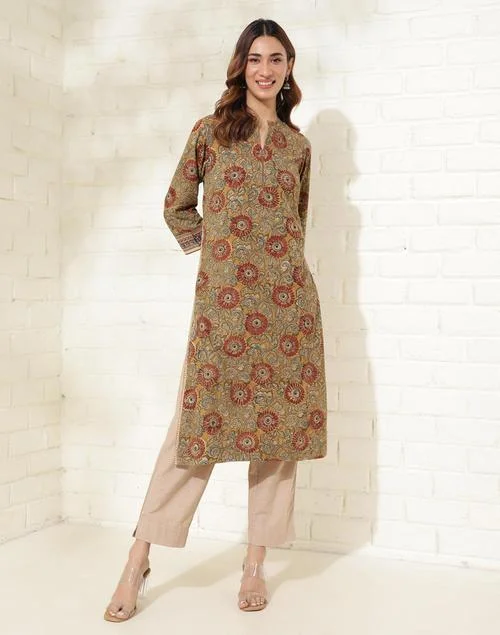 Fabindia Mustard Cotton Kalamkari Printed Long Kurta