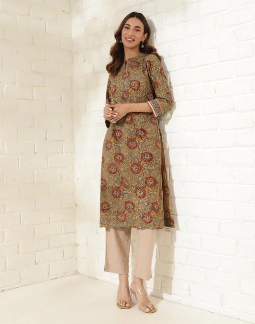 Fabindia Mustard Cotton Kalamkari Printed Long Kurta