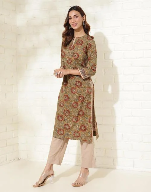 Fabindia  Mustard Cotton Kalamkari Printed Long Kurta for Women | Best Price UAE