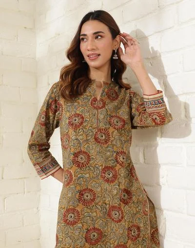 Fabindia  Mustard Cotton Kalamkari Printed Long Kurta for Women | Best Price UAE