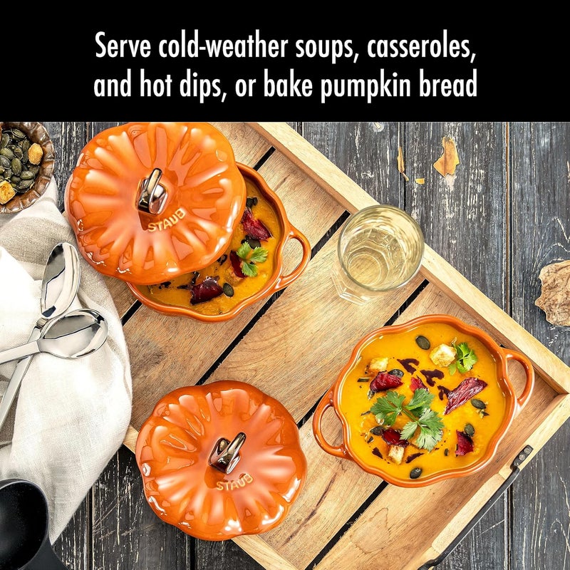 STAUB قرع صغير سيراميك سعة 0.75 لتر، آمن للاستخدام في الفرن والموقد حتى 572°F، طبق قرع، برتقالي محترق للخبز - Image 3