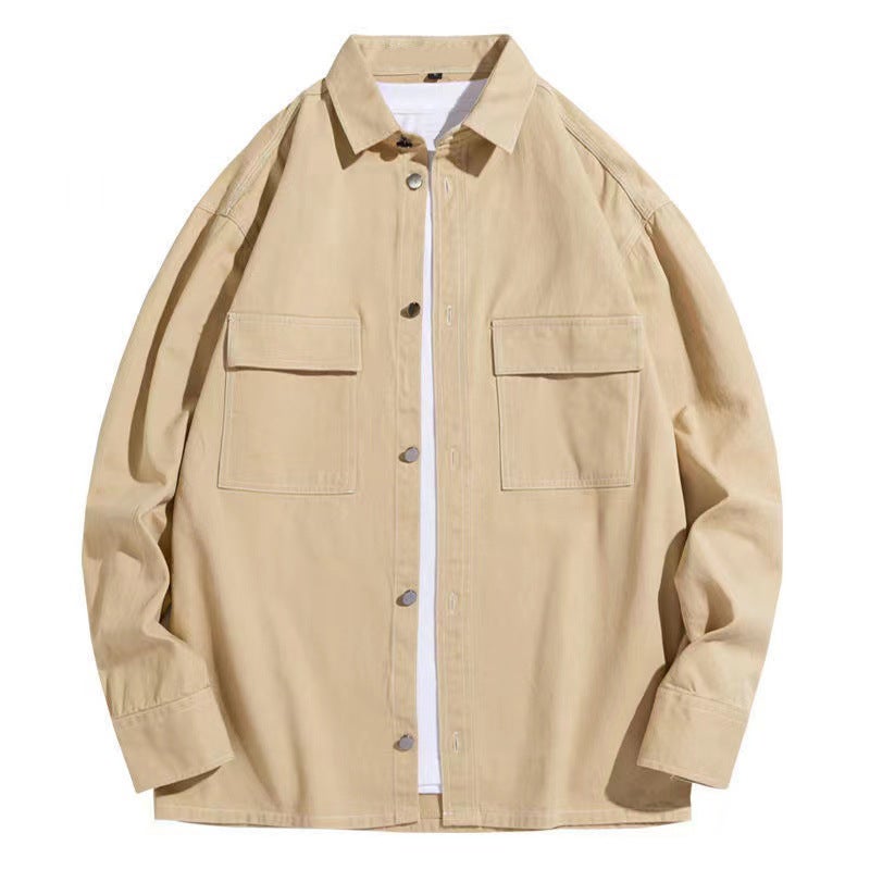American-style heavy cotton workwear long-sleeved shirt mens Hong Kong style casual design shirt jacket loose mens fashion C914 Black  - Image 5