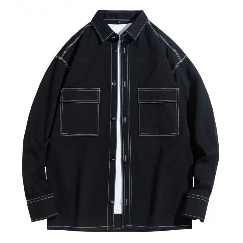 American-style heavy cotton workwear long-sleeved shirt mens Hong Kong style casual design shirt jacket loose mens fashion C914 Black  - Image 2