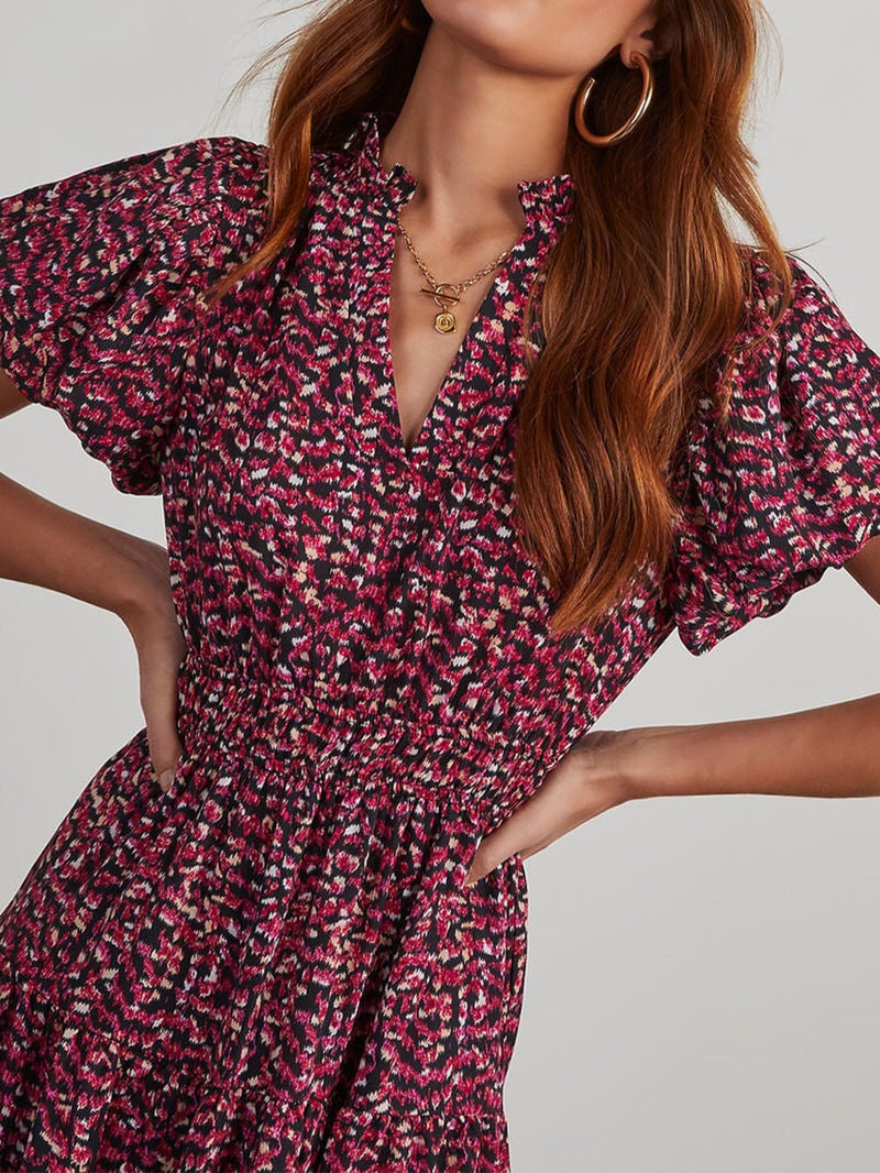 MASCOMODA Summer Maxi Dresses for Women 2025 Casual V Neck Puff Short Sleeve Smocked Flowy Beach Boho Long Floral Dress(Floral Black Red,Large) - Image 5