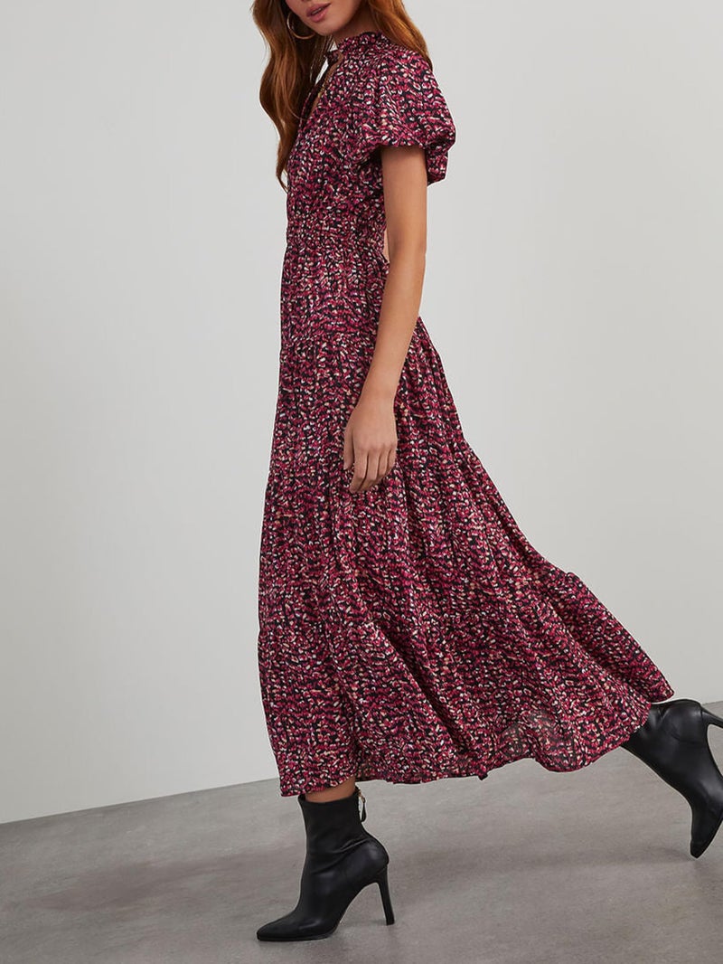MASCOMODA Summer Maxi Dresses for Women 2025 Casual V Neck Puff Short Sleeve Smocked Flowy Beach Boho Long Floral Dress(Floral Black Red,Large) - Image 2