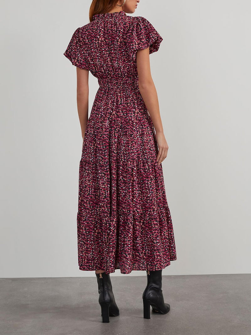 MASCOMODA Summer Maxi Dresses for Women 2025 Casual V Neck Puff Short Sleeve Smocked Flowy Beach Boho Long Floral Dress(Floral Black Red,Large) - Image 4