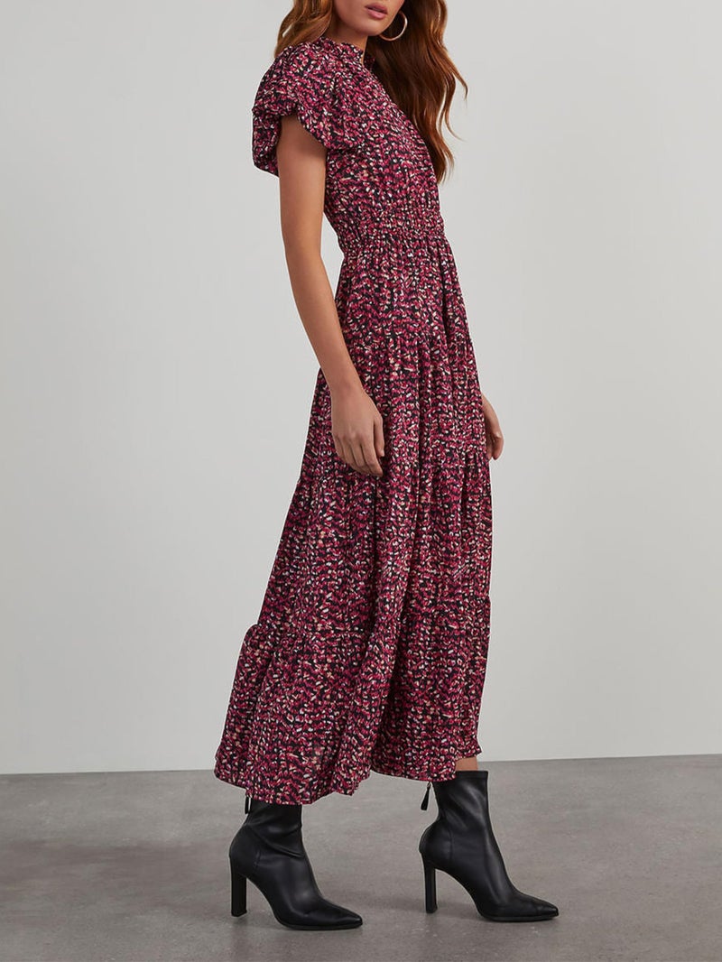 MASCOMODA Summer Maxi Dresses for Women 2025 Casual V Neck Puff Short Sleeve Smocked Flowy Beach Boho Long Floral Dress(Floral Black Red,Large) - Image 3