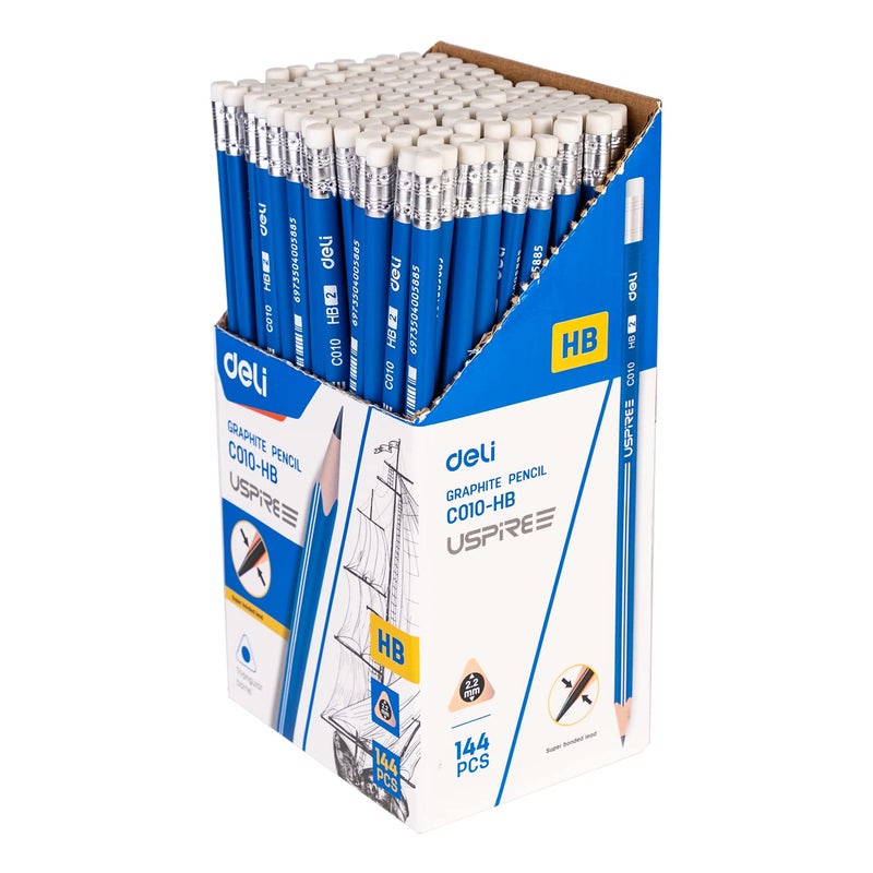 Deli Deli HB Graphite Pencil Writing Drawing Sketching Pencil with eraser Triangular Grip Pencils for Beginners Students Art Craft Soften Basswood Stationary Item Best gift for kids 144 Piece - Image 1