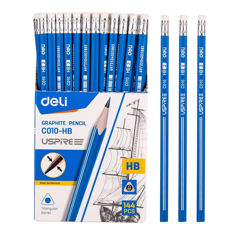 Deli Deli HB Graphite Pencil Writing Drawing Sketching Pencil with eraser Triangular Grip Pencils for Beginners Students Art Craft Soften Basswood Stationary Item Best gift for kids 144 Piece - Image 2