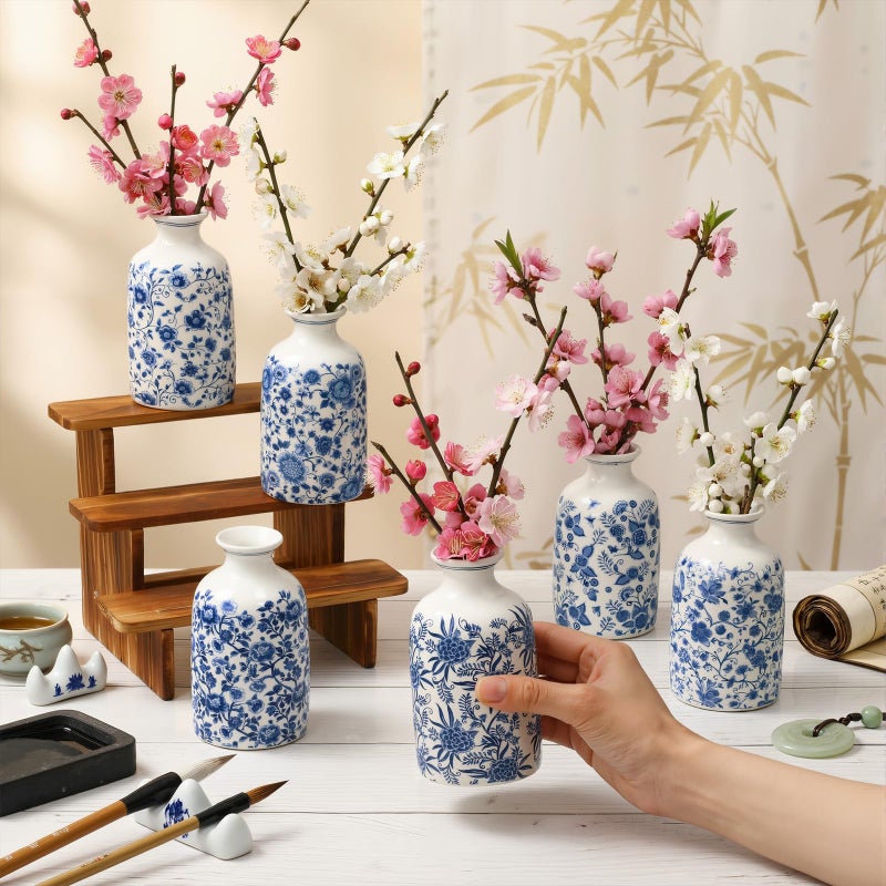 Teecyhooo 6 Pcs Blue and White Vase Ceramic Chinoiserie Vase Porcelain Small Oriental Bud Ceramic Chinese Flower Jardiniere for Home Office Table Centerpiece - Image 5