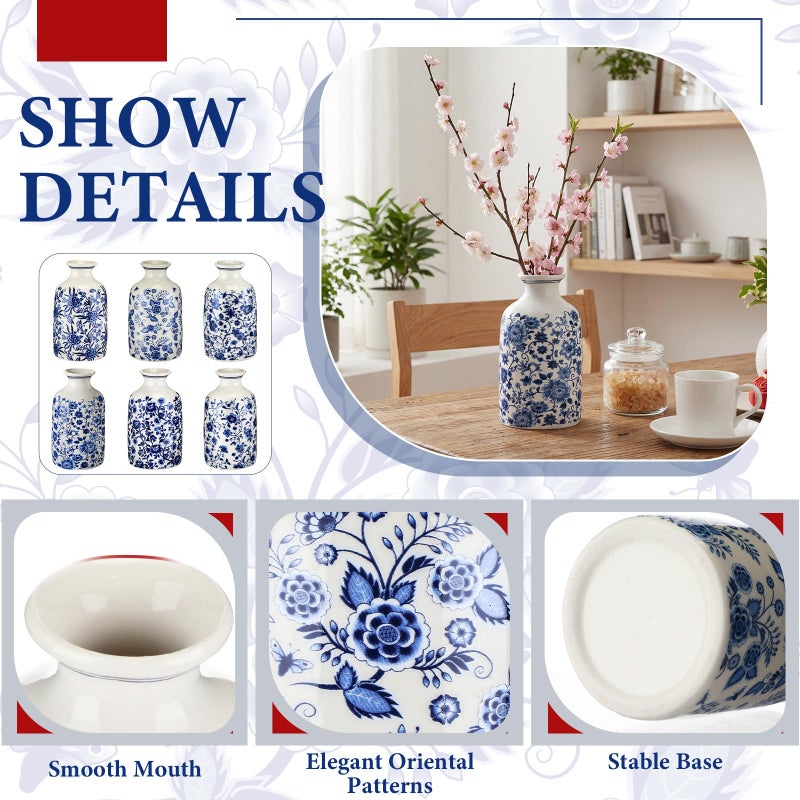 Teecyhooo 6 Pcs Blue and White Vase Ceramic Chinoiserie Vase Porcelain Small Oriental Bud Ceramic Chinese Flower Jardiniere for Home Office Table Centerpiece - Image 3