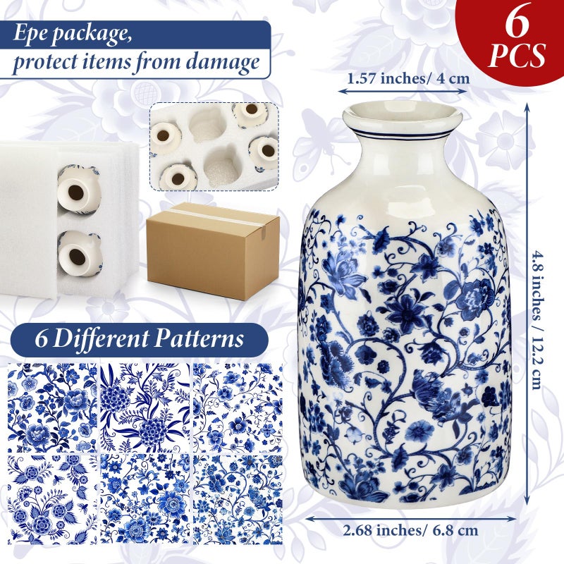 Teecyhooo 6 Pcs Blue and White Vase Ceramic Chinoiserie Vase Porcelain Small Oriental Bud Ceramic Chinese Flower Jardiniere for Home Office Table Centerpiece - Image 2