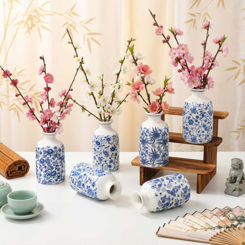 Teecyhooo 6 Pcs Blue and White Vase Ceramic Chinoiserie Vase Porcelain Small Oriental Bud Ceramic Chinese Flower Jardiniere for Home Office Table Centerpiece - Image 4