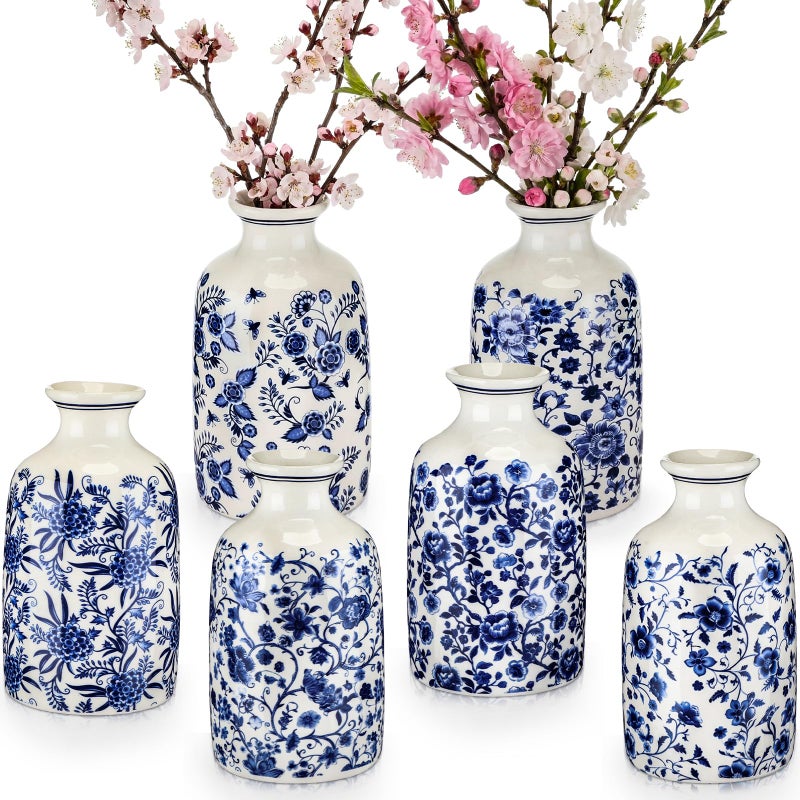 Teecyhooo 6 Pcs Blue and White Vase Ceramic Chinoiserie Vase Porcelain Small Oriental Bud Ceramic Chinese Flower Jardiniere for Home Office Table Centerpiece - Image 1