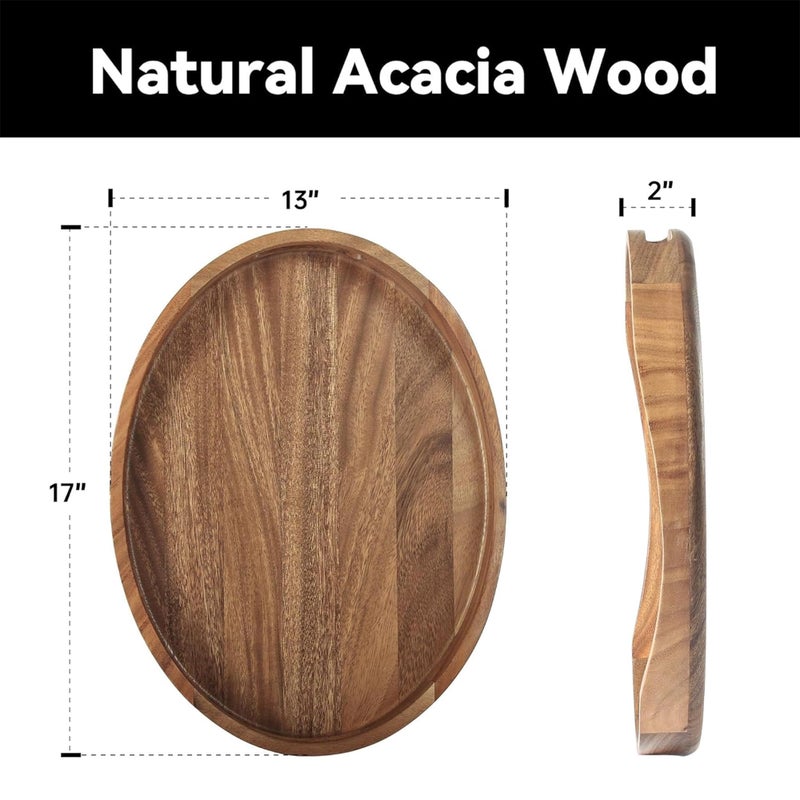 KITEISCAT Acacia Wood Serving Tray with Handles - 17"x13" Round, Decorative Ottoman Tray for Living Room, Coffee Table, Breakfast in Bed, Candle Display - Image 2