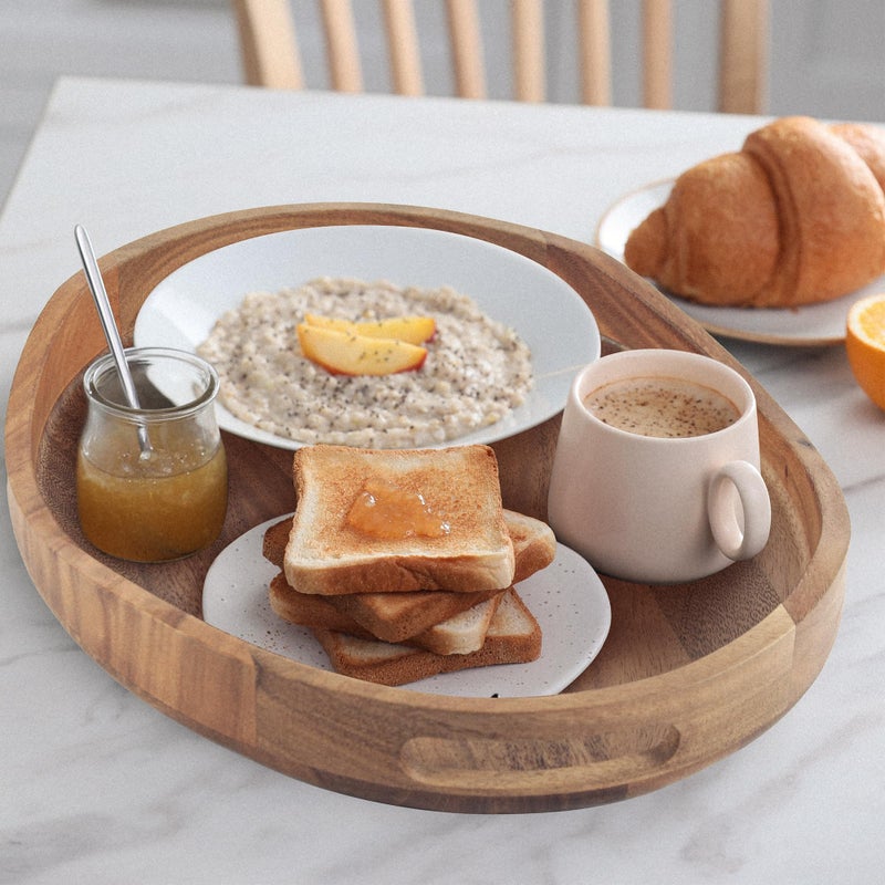 KITEISCAT Acacia Wood Serving Tray with Handles - 17"x13" Round, Decorative Ottoman Tray for Living Room, Coffee Table, Breakfast in Bed, Candle Display - Image 4