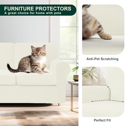 CHUN YI 7 Piece Couch Covers Sofa Covers Washable, Stretch Sofa Slipcovers for 3 Cushion Couch with Seperate Backrest and Cushion Covers, Anti Slip Furniture Protector for Dogs Pets (Large, Cream) - Image 4