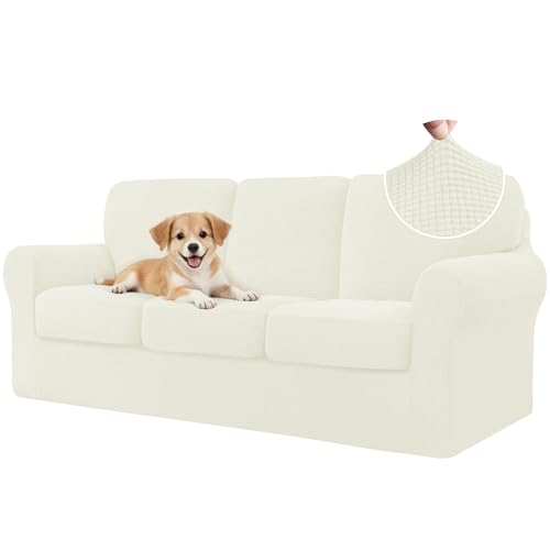 CHUN YI 7 Piece Couch Covers Sofa Covers Washable, Stretch Sofa Slipcovers for 3 Cushion Couch with Seperate Backrest and Cushion Covers, Anti Slip Furniture Protector for Dogs Pets (Large, Cream) - Image 1
