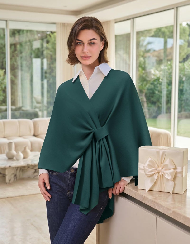 PULI Women's Elegant Shawl Wraps Travel Gifts Soft Open Front Poncho Sweater for Fall Winter Emerald Green - Image 2