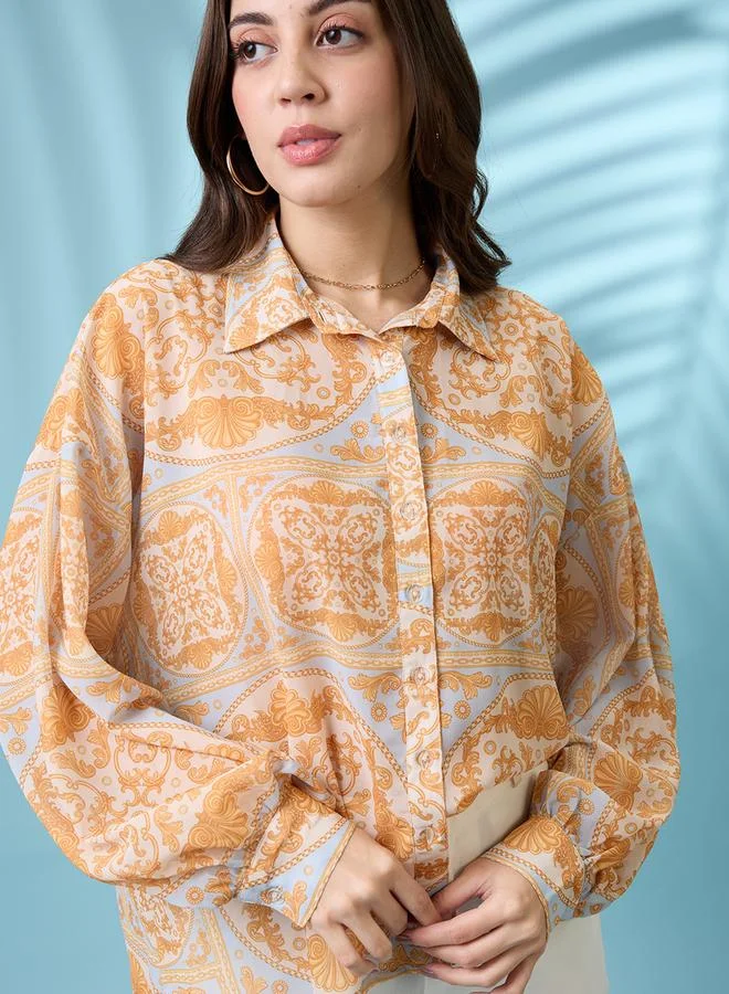 globus Yellow Ethnic Print Spread Collar Oversized Shirt