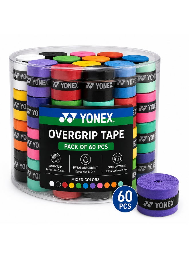 Yonex Overgrip Tape Pack of 60 Pcs Mixed Colors Anti-Slip Sweat Absorbent Grip for Tennis Badminton Squash Rackets - Image 1