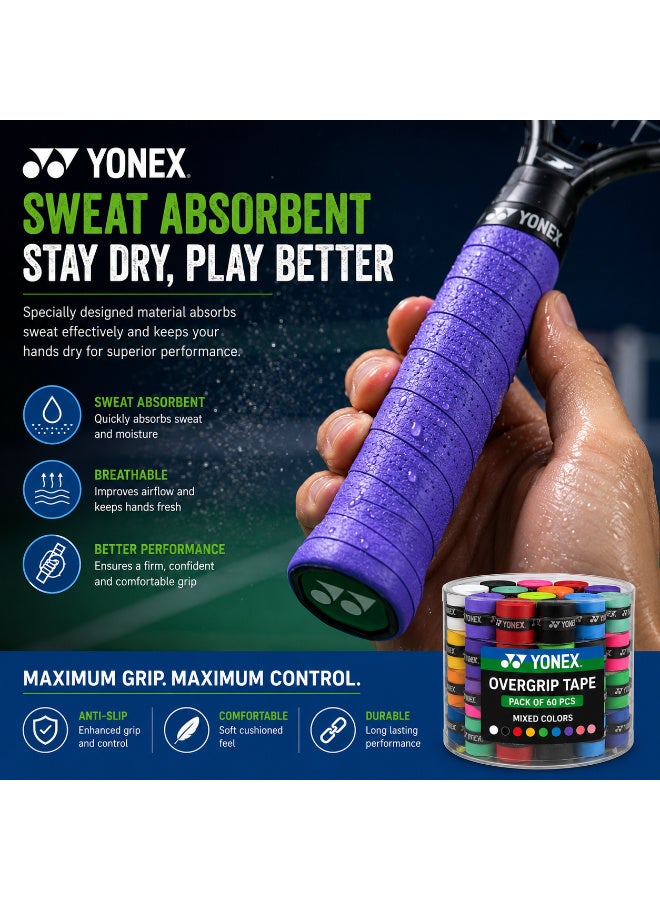 Yonex Overgrip Tape Pack of 60 Pcs Mixed Colors Anti-Slip Sweat Absorbent Grip for Tennis Badminton Squash Rackets - Image 5