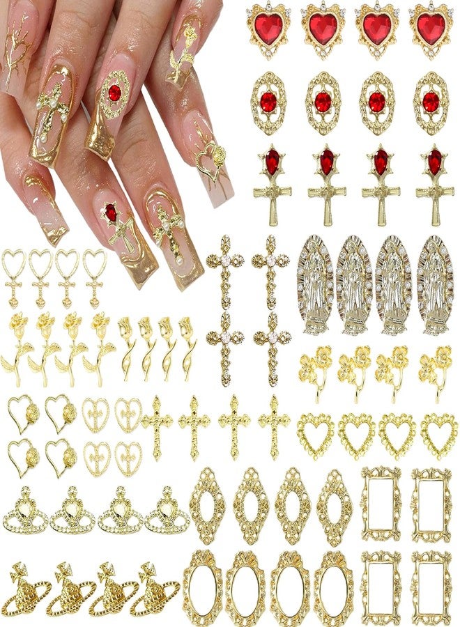 KACHIMOO 72pc Y2K Nail Art Charms - Gold Cross, Heart, Rose & Virgin Mary Metal Gems in Chrome Finish - Image 1