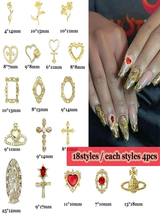 KACHIMOO 72pc Y2K Nail Art Charms - Gold Cross, Heart, Rose & Virgin Mary Metal Gems in Chrome Finish - Image 2
