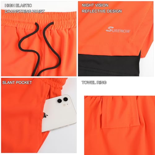 Surenow Mens 2 in 1 Running Shorts Quick Dry Athletic Shorts with Liner, Workout Shorts with Zip Pockets and Towel Loop Orange Red - Image 4