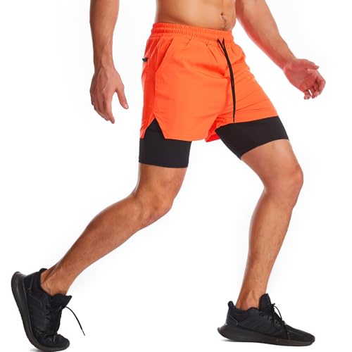 Surenow Mens 2 in 1 Running Shorts Quick Dry Athletic Shorts with Liner, Workout Shorts with Zip Pockets and Towel Loop Orange Red - Image 3