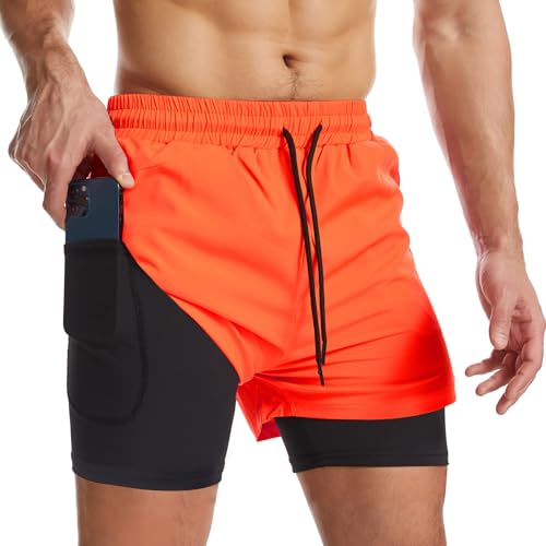 Surenow Mens 2 in 1 Running Shorts Quick Dry Athletic Shorts with Liner, Workout Shorts with Zip Pockets and Towel Loop Orange Red - Image 1