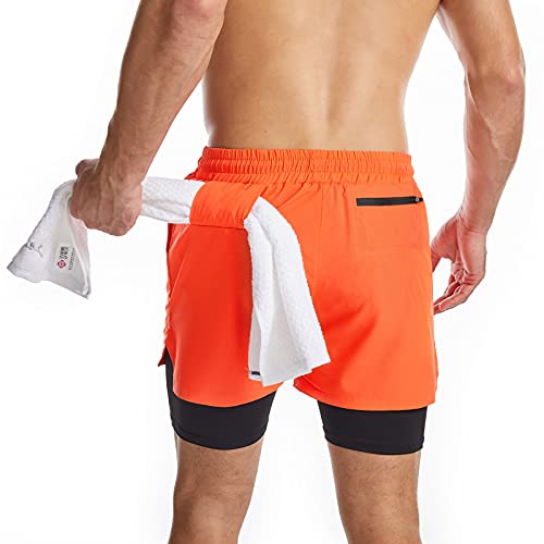 Surenow Mens 2 in 1 Running Shorts Quick Dry Athletic Shorts with Liner, Workout Shorts with Zip Pockets and Towel Loop Orange Red - Image 2