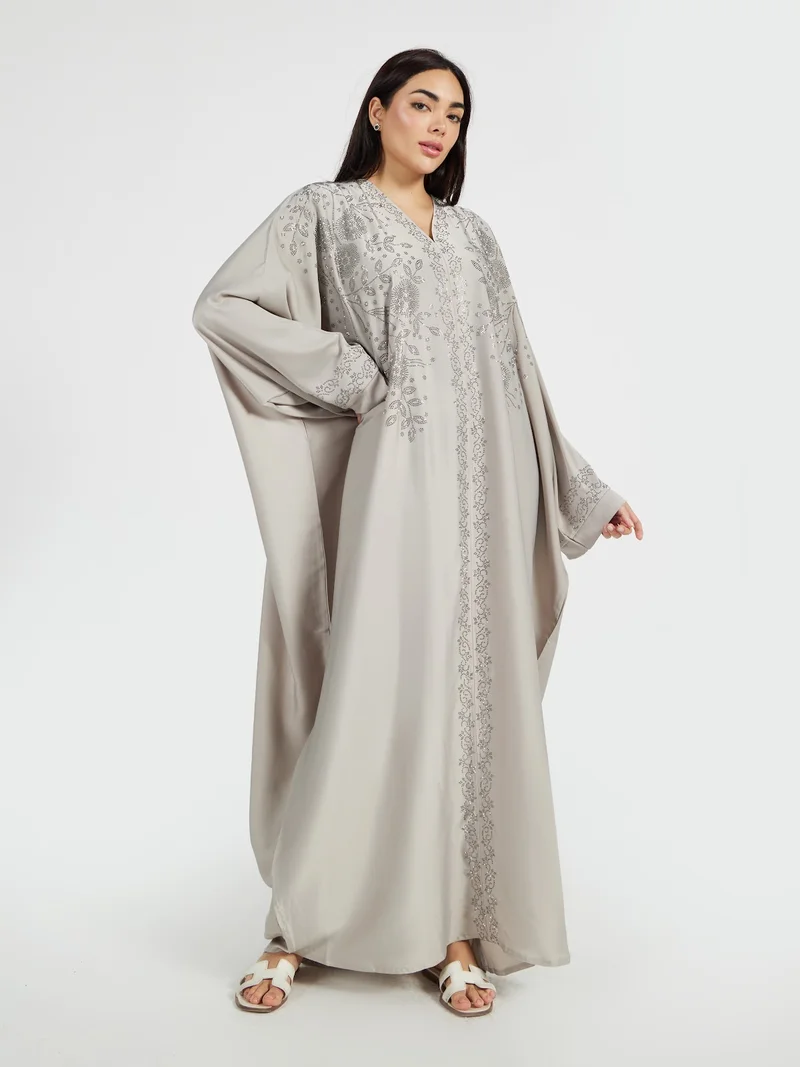 Reem Abayas Elegant Light Grey Floral Embroidered V-Neck Abaya for Women