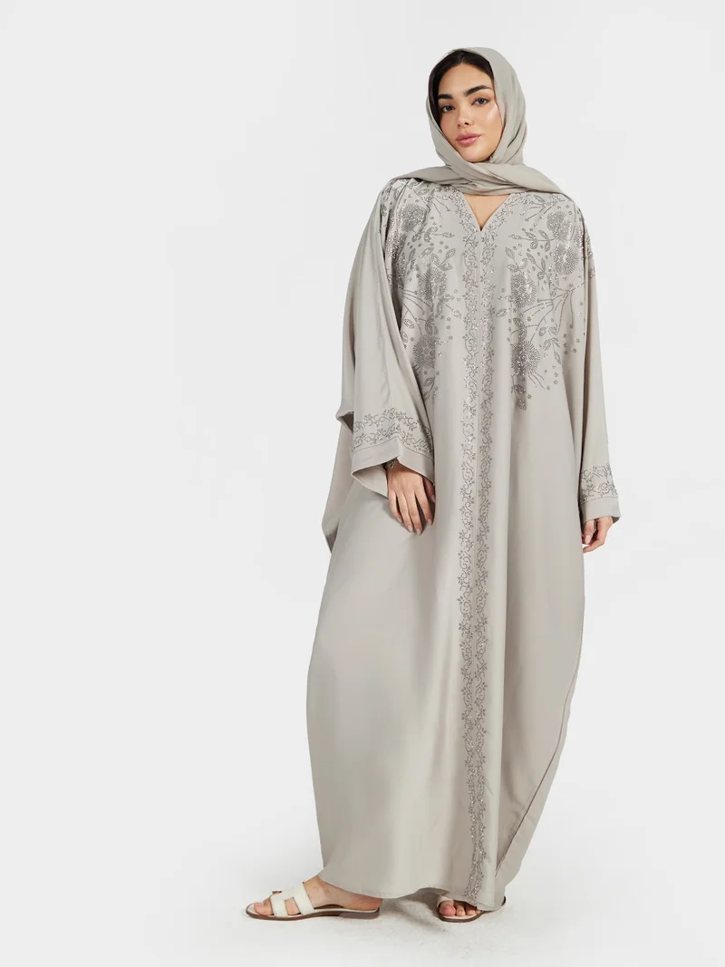 Reem Abayas Elegant Light Grey Floral Embroidered V-Neck Abaya for Women