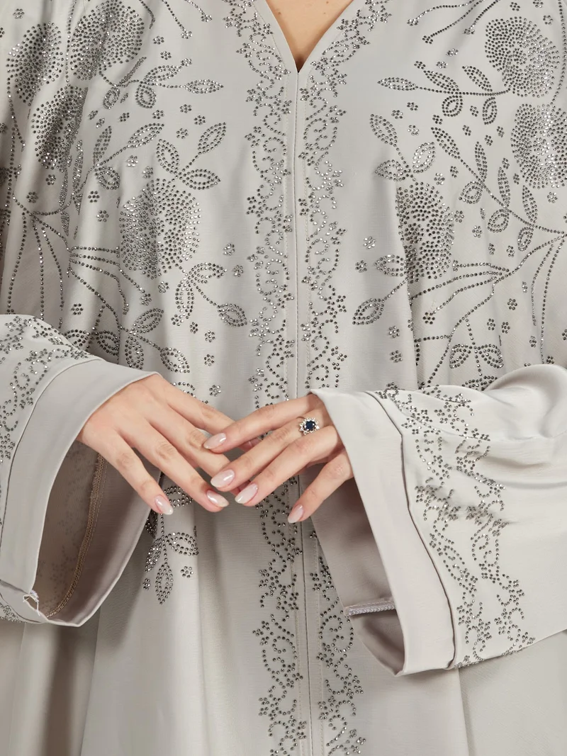 Reem Abayas  Elegant Light Grey Floral Embroidered V-Neck Abaya for Women for Women | Best Price UAE