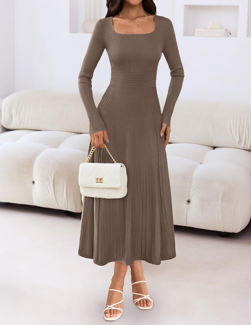 MEROKEETY Women's Sweater Dress 2025 Fall Winter Casual Long Sleeve Square Neck Pleated Church Work Knit Midi Dresses, Coffee, XL - Image 3