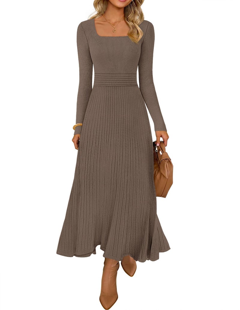 MEROKEETY Women's Sweater Dress 2025 Fall Winter Casual Long Sleeve Square Neck Pleated Church Work Knit Midi Dresses, Coffee, XL - Image 1