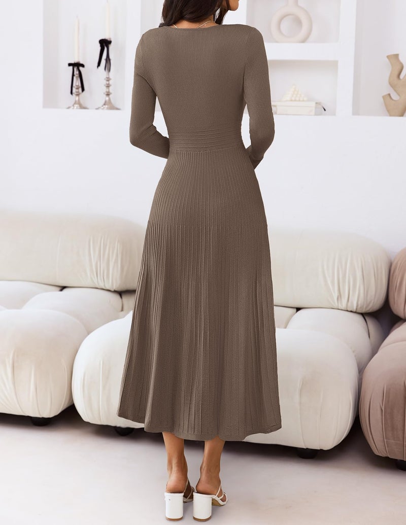 MEROKEETY Women's Sweater Dress 2025 Fall Winter Casual Long Sleeve Square Neck Pleated Church Work Knit Midi Dresses, Coffee, XL - Image 4