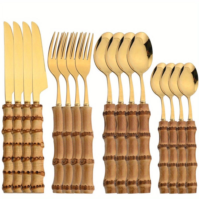16Pcs Golden Stainless Steel Dining Set With Bamboo Handles Including Knives Forks And Coffee Spoons For Kitchen - Image 1